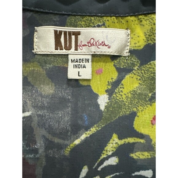 Kut from the Kloth  Women's Sheer Blouse Size LG Blue Floral Print Button Front - Picture 4 of 10